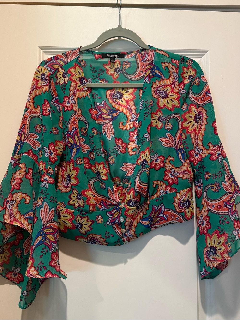 Womens Cropped Blouse Boho Green Paisley Long Bell Sleeves Peasant Type Top